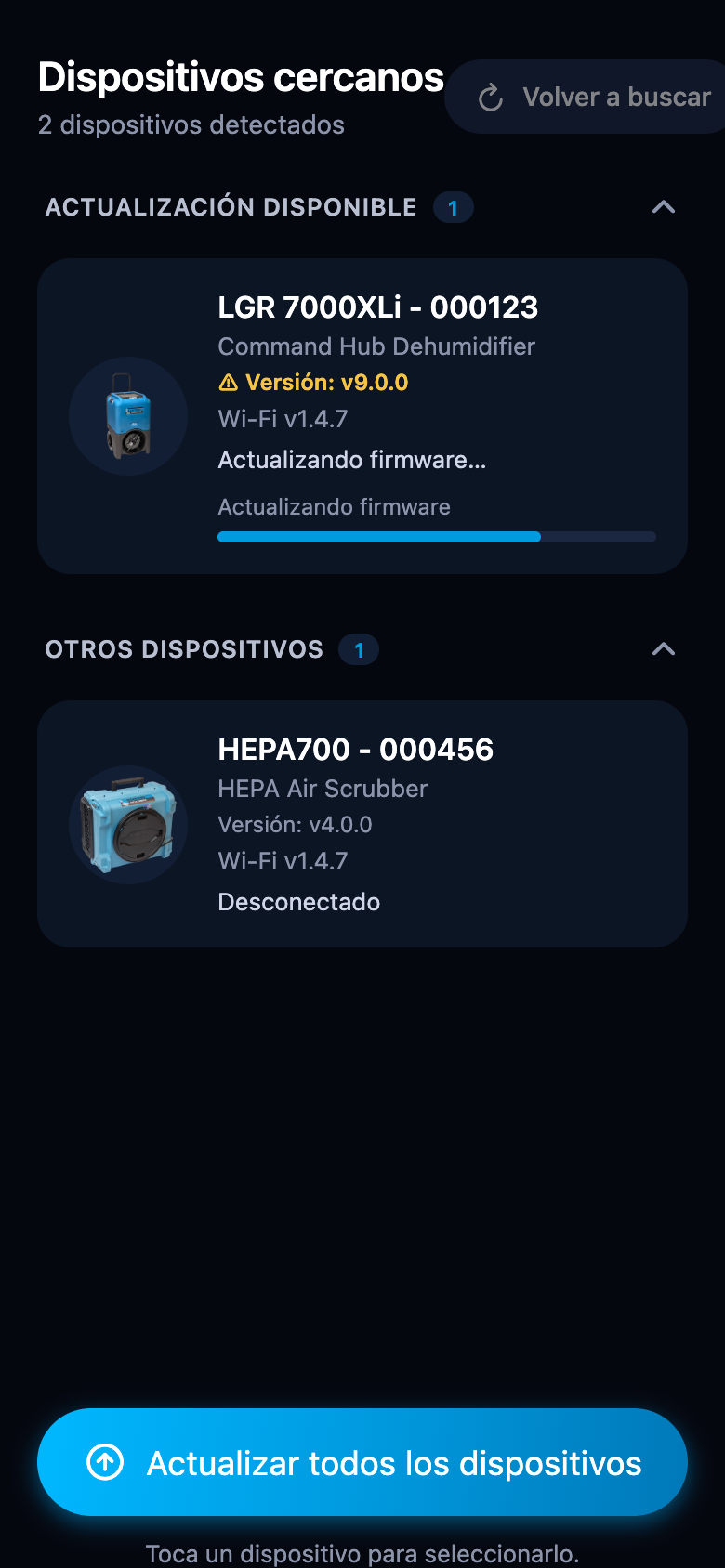 Tarjeta de dispositivo durante una actualización de firmware