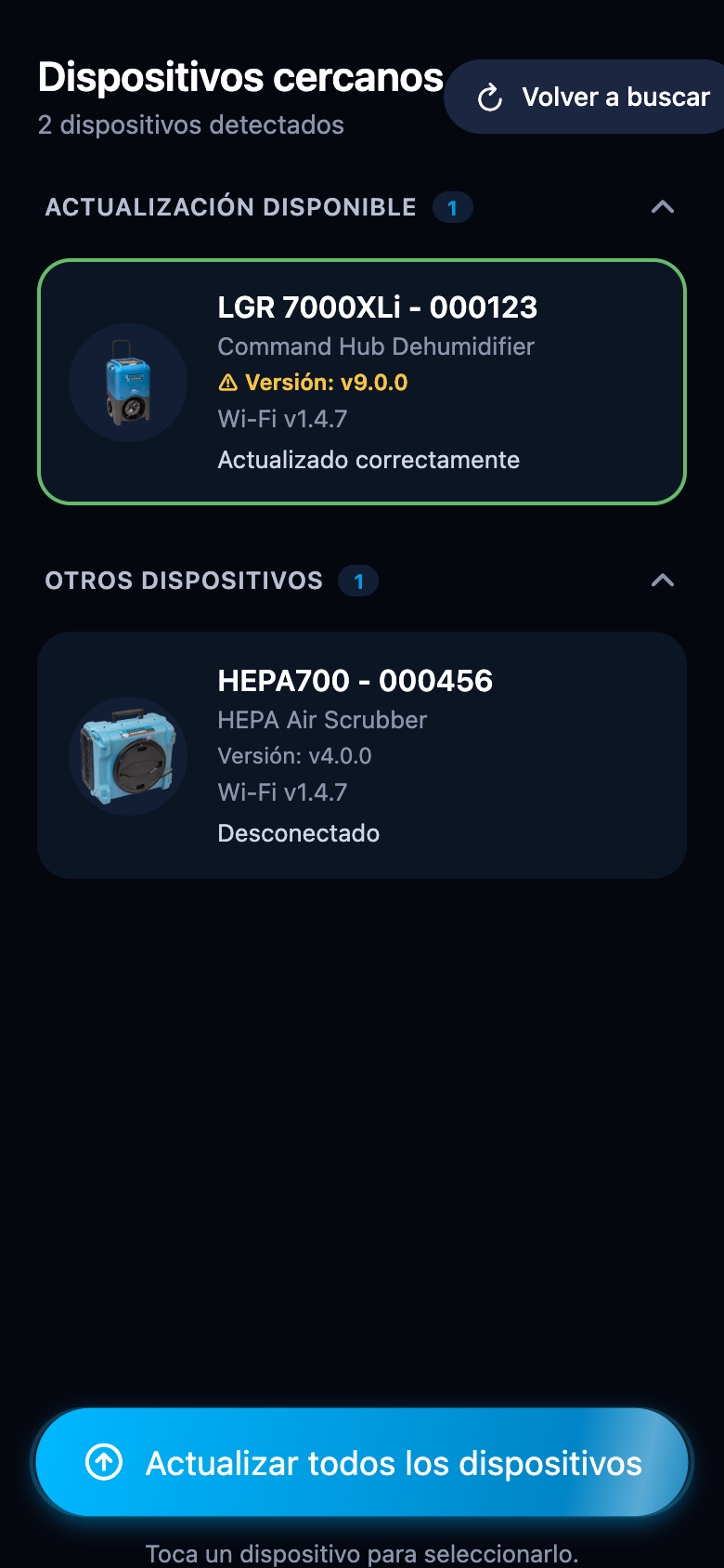 Tarjeta de dispositivo tras una actualización correcta