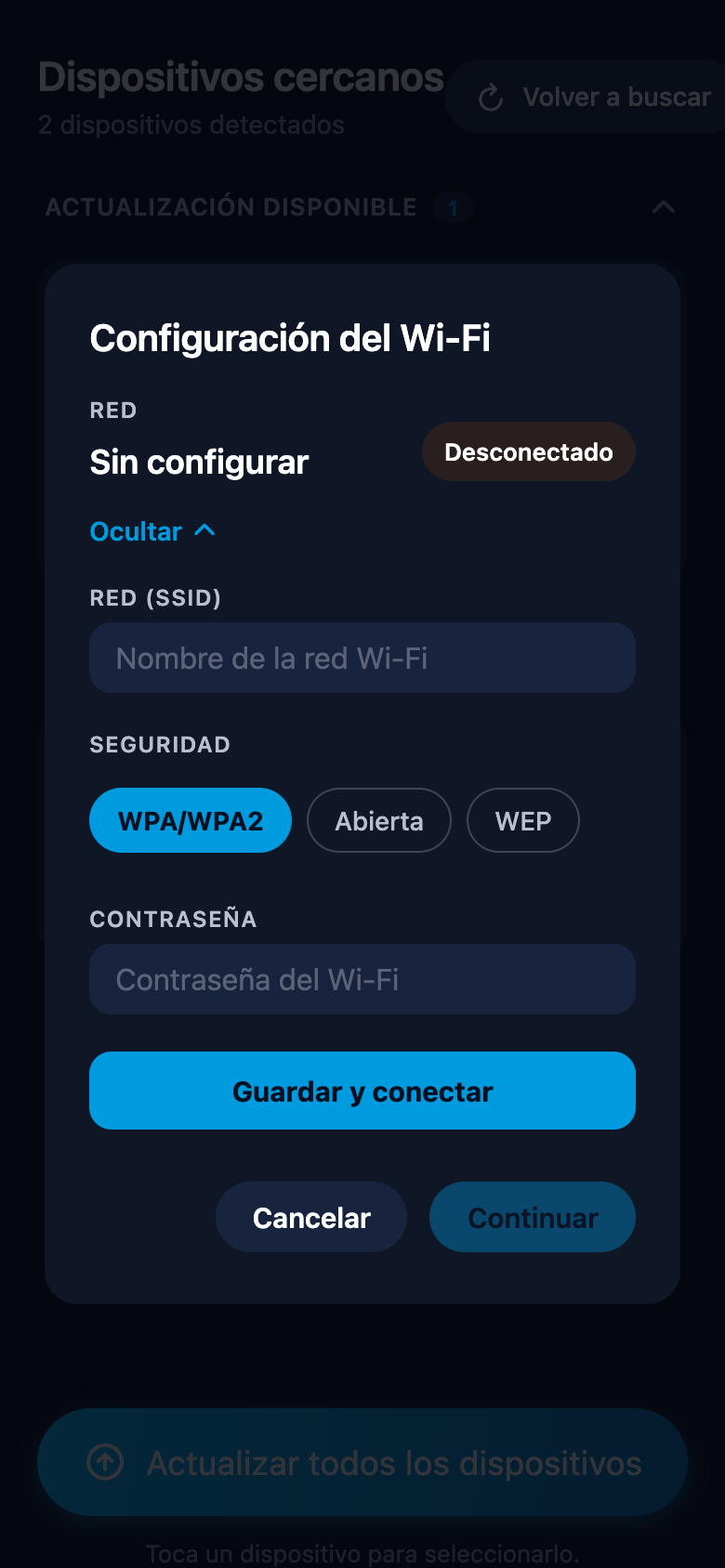 Ventana de configuración del Wi-Fi
