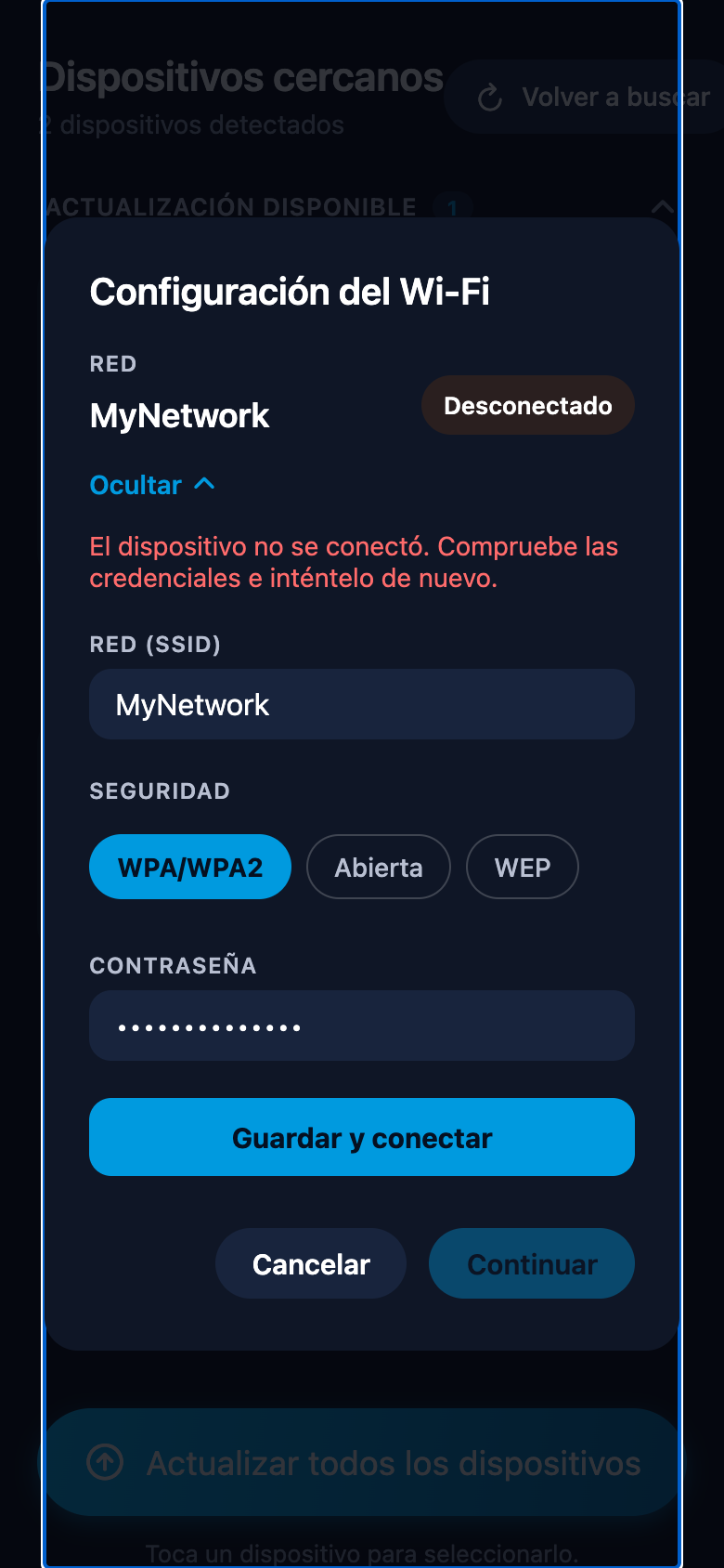 Ventana de configuración del Wi-Fi mostrando el error de conexión