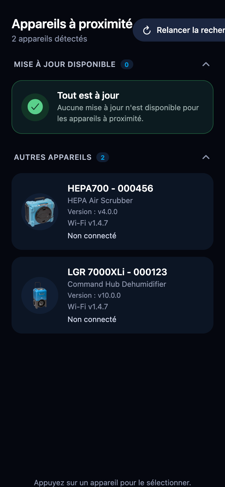 La liste quand tous les appareils sont à jour