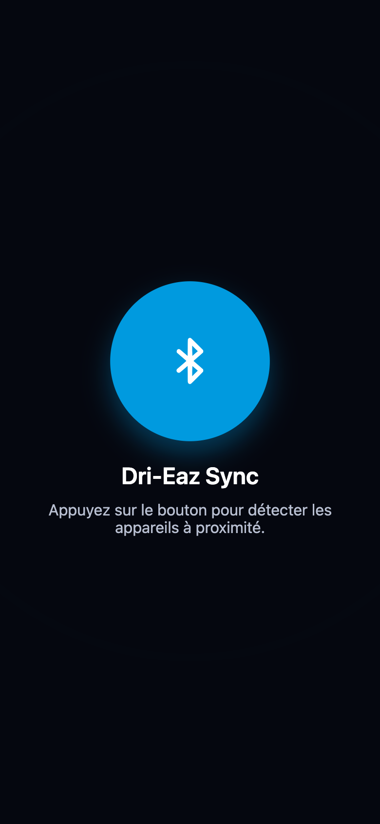 Écran d'accueil avec le bouton rond de recherche