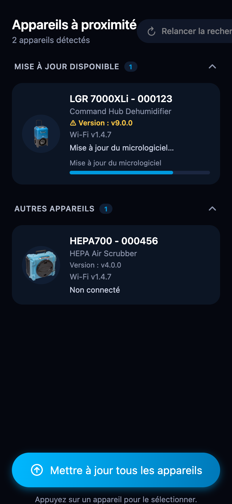 Carte d'appareil pendant une mise à jour du micrologiciel