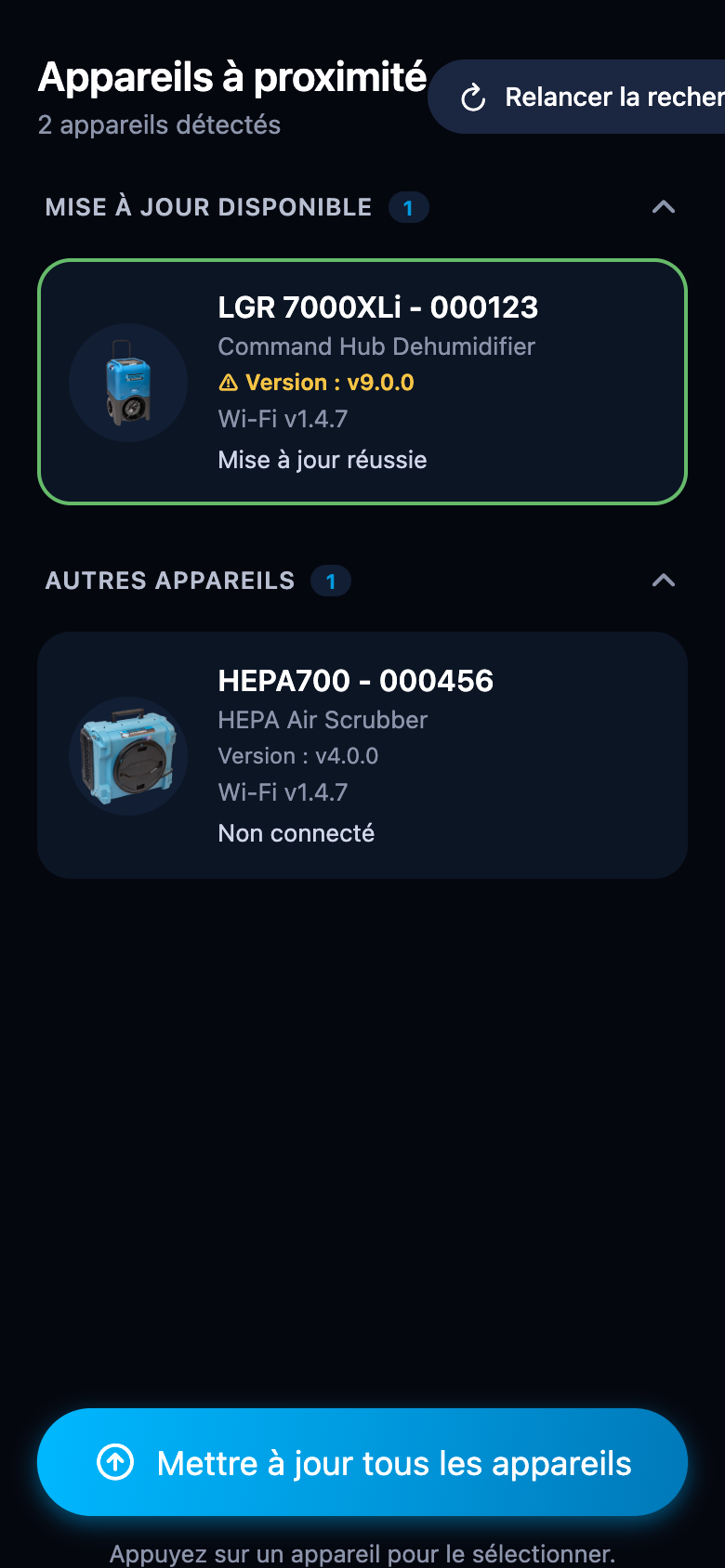 Carte d'appareil après une mise à jour réussie