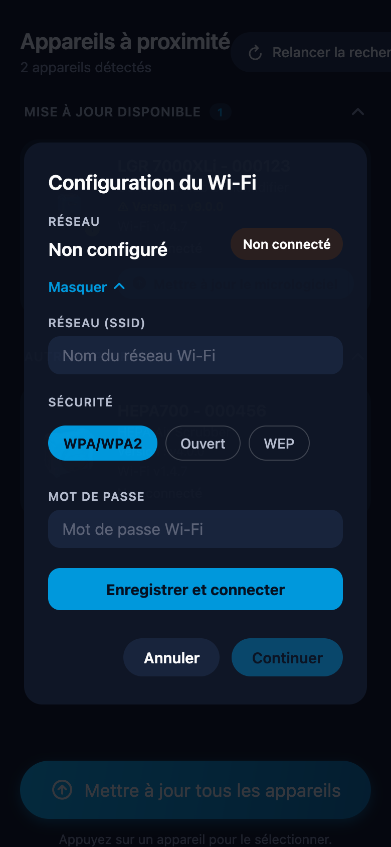 Fenêtre de configuration du Wi-Fi