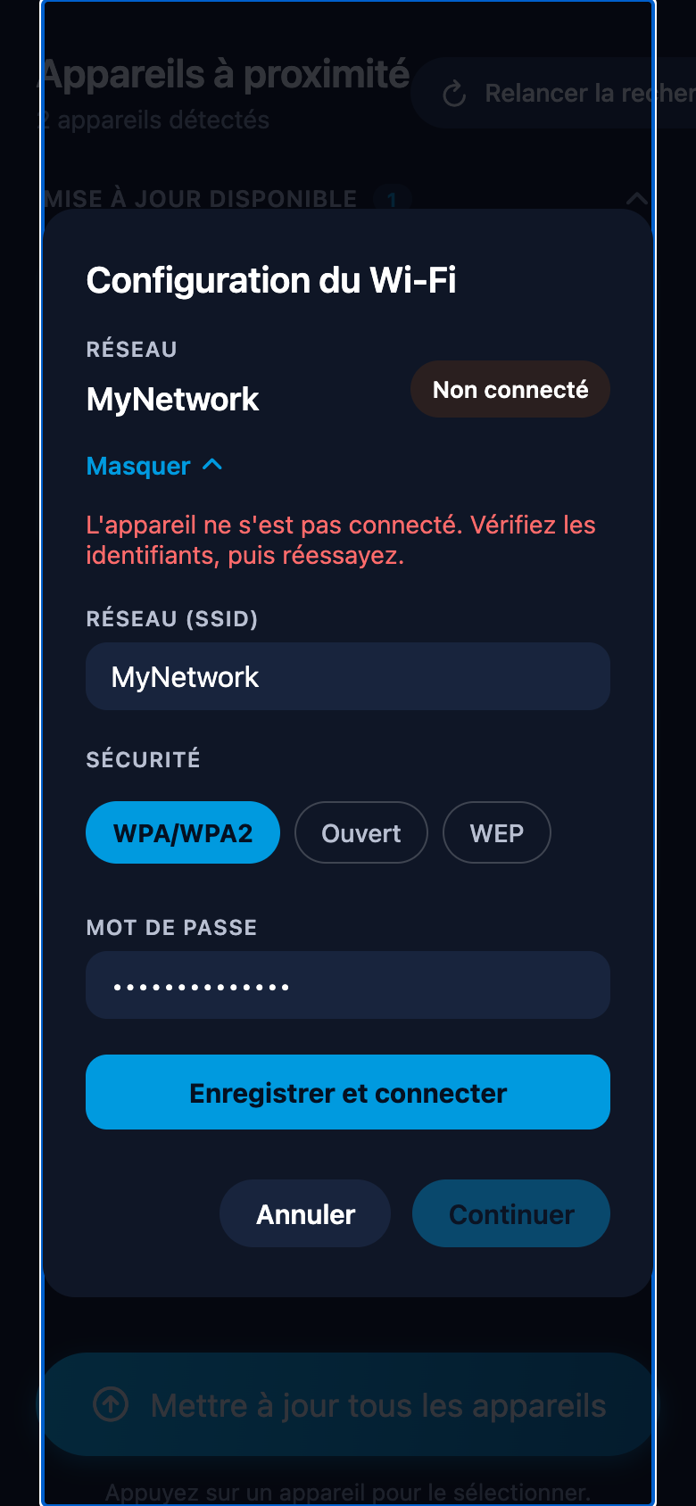 Fenêtre de configuration du Wi-Fi affichant l'erreur de connexion