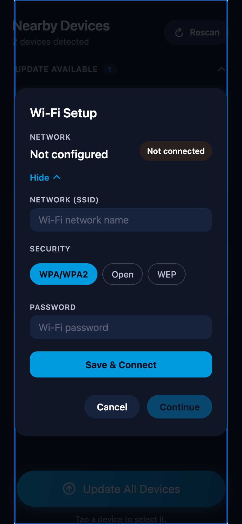 Wi-Fi Setup window