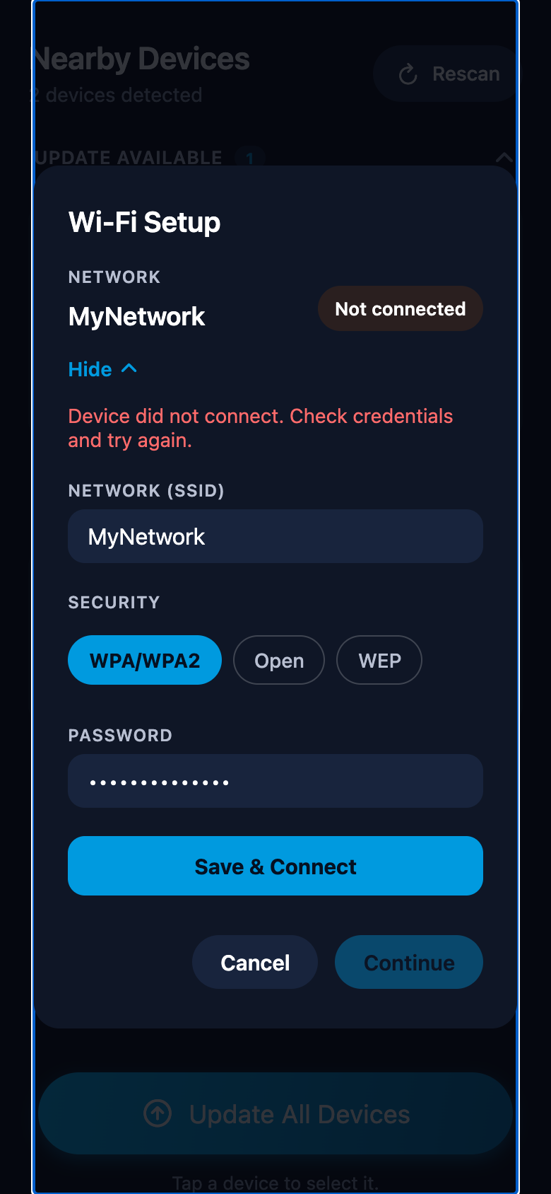 Wi-Fi Setup window showing the connection error